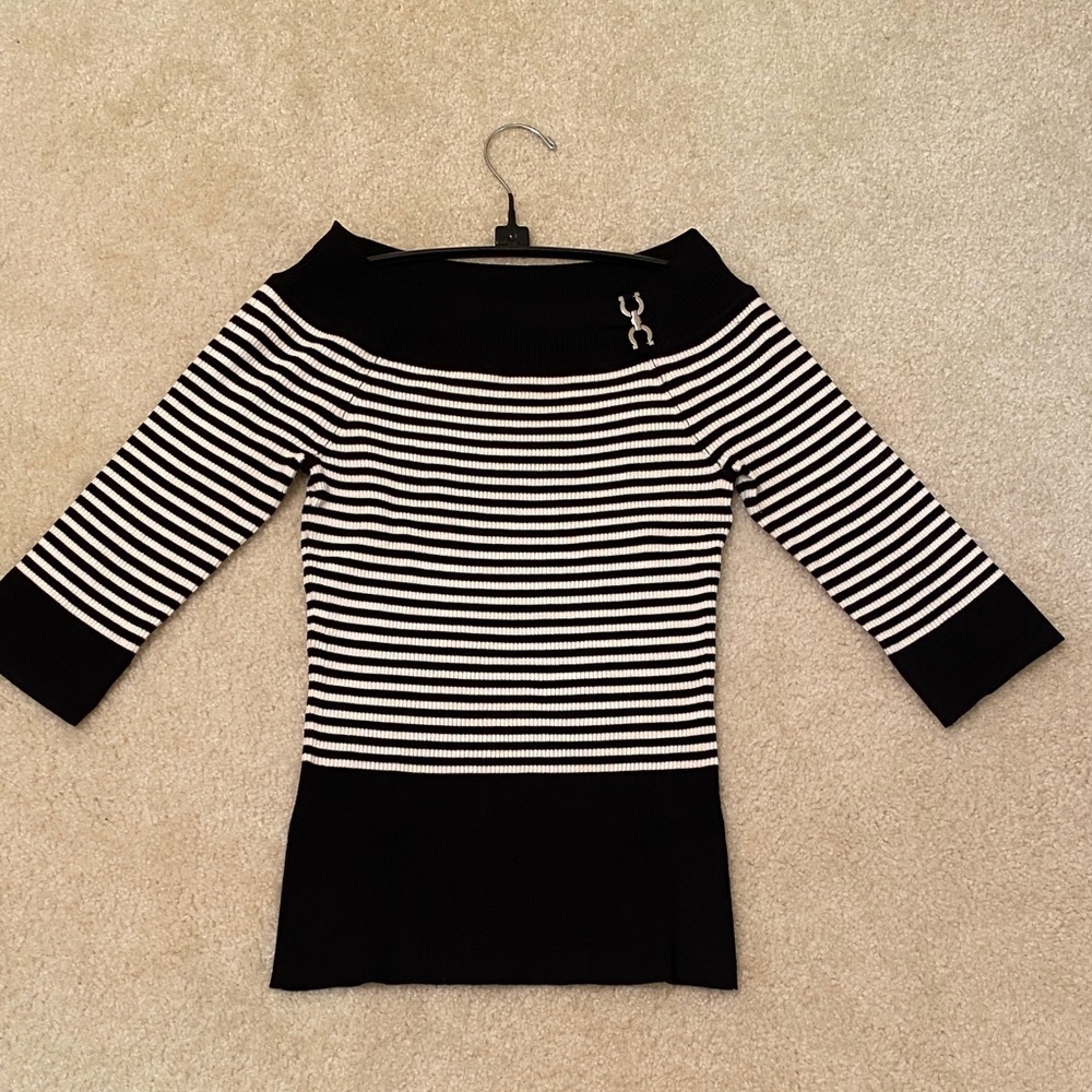 White House Black Market Black and Off White Striped Top